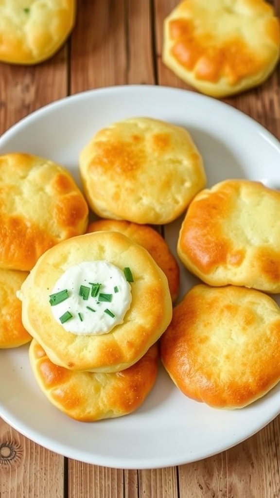 Fluffy cottage cheese cloud bread rounds on a plate, garnished with herbs and cream cheese.